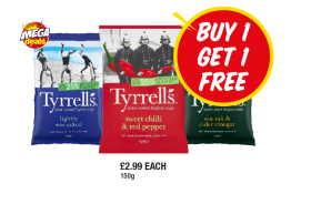 Tyrrells Lightly Salted, Sweet Chilli & Red Pepper, Salt & Vinegar - Buy 1 Get 1 FREE at Premier