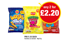 Wotsits Crunchy, Monster Munch Roast Beef, Sweet & Spicy - Any 2 for £2.20 at Premier