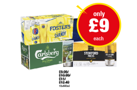 Foster's Shandy, Bud Light, Carlsberg, Stowford Press - Now Only £9 each at Premier
