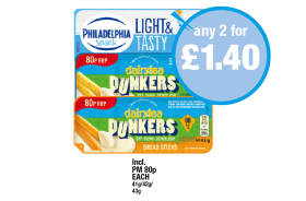 Philadelphia Snack Light & Tasty, Dairylea Dunkers Jumo Tubes, Bread Sticks - Any 2 for £1.40 at Premier
