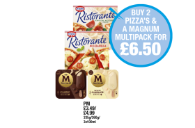Ristorante Pepponi Mozzarella Pesto, Mozzarella, Magnum Clasic, White Chocolate - Buy 2 Pizza's A Magnum Multipack for £6.50 at Premier
