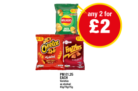 Walkers Salt & Vinegar, Cheetos Twisted Sweet & Spicy, Frazzles Crispy Bacon - Any 2 for £2 at Premier