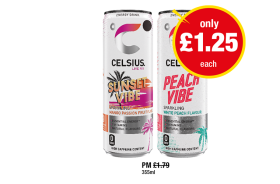 Celsius Sunset Vibe, Peach Vibe - Now Only £1.25 at Premier