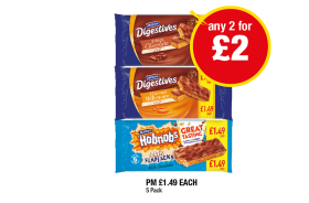 McVities Digestives Slices Milk Chocolate, Caramel Millionaire, Hobnobs Oaty Flapjacks - Any 2 for £2 at Premier