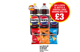 Pepsi Max, Cherry, Mango, Doritos Chilli Heatwave, Tangy Cheese, Cool Original - Buy A Pepsi Bottle & Doritos Large Sharing Bag for £3 at Premier