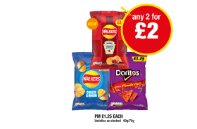 Walkers Tomato Ketchup, Cheese & Onion, Doritos Extra Flamin Hot - Any 2 for £2 at Premier