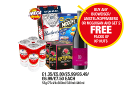 Budweiser, McCoys Nuts Salt & Vinegar, Amstel, Kopparberg Mixed Fruit, McGuigan Shiraz - Buy Any Budweiser, Amstel, Kopparberg Or McGuigan And Get 2 FREE Packs of KP Nuts at Premier