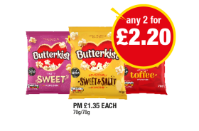 Butterkist Popcorn Sweet, Sweet & Salty, Toffee - Any 2 for £2.20 at Premier
