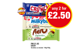 Crunch Bar, Milkybar, Aero Peppermint - Any 2 for £2.50 at Premier