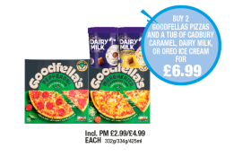 Goodfellas Pepperoni, Margherita, Cadbury Dairy Milk Ice Cream, Caramel - Now Only Buy 2 Goodfellas Pizzas And A Tub of Cadbury Caramel, Dairy Milk Or Oreo Ice Cream for £6.99 at Premier