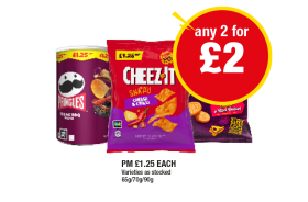 Pringles, Cheez It Snap'd, Mini Cheddars - Any 2 for £2 at Premier