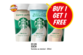 Starbucks Cafe Latte, Skinny Latte, Cappuccino - Buy 1 Get 1 FREE at Premier