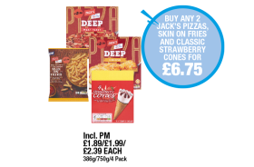 Jack's Deep Meat Feast, Cheese, Skin On Fries, Strawberry Cones - Buy Any 2 Jack's Pizzas, Skin On Fries, And Classic Strawberry Cones for £6.75 at Premier