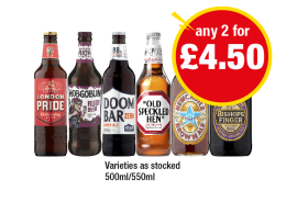London Pride, Hobgoblin Ruby Beer, Doom Bar Zero, Old Speckled Hen, Newcastle Brown Ale, Bishops Finger - Any 2 for £4.50 at Premier