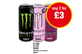 Monster Energy, Strawberry Dreams, Punch - Any 2 for £3 at Premier
