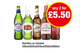Peroni, Stella Artois, San Miguel, Budweiser, Madri - Any 2 for £5.50 at Premier