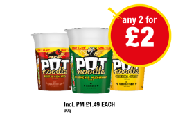 Pot Noodle Original, Beef & Tomato, Chicken & Mushroom - Any 2 for £2 at Premier