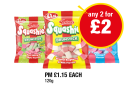 Squashies Drumstick Original, Sour, Bubblegum Flavour - Any 2 for £2 at Premier