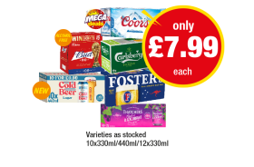 Coors, Budweiser, Carlsberg, Fosters, Brewdog Cold Beer, Thatchers Apple & Blackcurrant - Now Only £7.99 at Premier