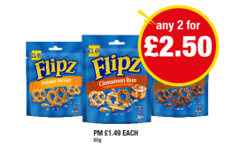 Flipz Peanut Butter, Cinnamon Bun, Milk Chocolate - Any 2 for £2.50 at Premier