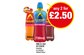 Lucozade Sport Raspberry, Energy Original, Cherry - Any 2 for £2.50 at Premier