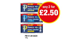 Princes Tuna Chunks Spring Water, Brine, Sunflower Oil - Any 2 for £2.50 at Premier