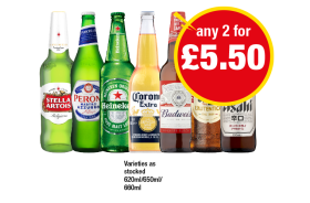 Stella Artois, Peroni, Heineken, Corona, Budweiser, Moretti, Asahi - Any 2 for £5.50 at Premier