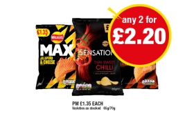 Walkers Max Jalapeno & Cheese, Flame Grilled Steak, Sensations Thai Sweet Chilli - Any 2 for £2.20 at Premier