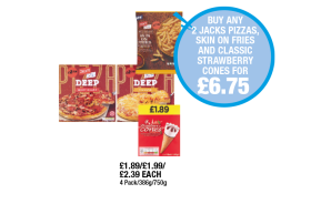 Jack's Deep Pizzas Meat Feast, Cheese, Jack's Skin On Fries, Strawberry Cones - Buy Any 2 Jack's Pizzas, Skin On Fries And Classic Strawberry Cones for £6.75 at Premier