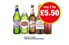 Peroni, Stella Artois, San Miguel, Budweiser, Madri - Any 2 for £5.50 at Premier