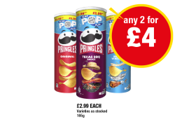 Pringles Original, texas BBQ, Salt & Vinegar - Any 2 for £4 at Premier