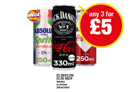 Absolut Vodka Sprite Watermelon, Jack Daniels Coca Cola, Bacardi Coca Cola - Any 3 for £5 at Premier
