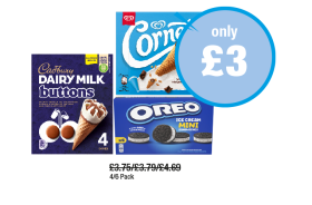 Cadbury Dairy Milk Buttons Ice Cream, Cornetto Classico, Oreo Mini - Now Only £3 at Premier