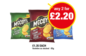 McCoy's Cheddar & Onion, Flame Grilled Steak, Salt & Malt Vinegar - Now Only £2.20 at Premier