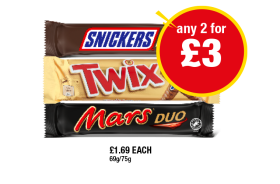 Snickers Dup, Twix Xtra, Mars Duo - Any 2 for £3 at Premier