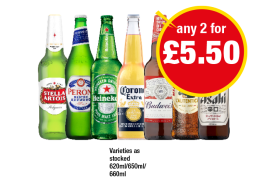 Stella Artois, Peroni, Heineken, Corona Extra, Budweiser, Moretti, Asahi - Any 2 for £5.50 at Premier