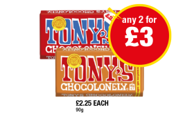 Tony's Chocolonely Milk, Caramel Sea Salt - Any 2 for £3 at Premier