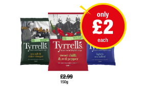 Tyrrell's Sea Salt & Vinegar, Sweet Chilli, Lightly Salted - Now Only £2 at Premier