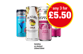 Funkin Martini, Malibu Cola, Gordon's Gin Pink, Smirnoff Vodka - Any 3 for £5.50 at Premier