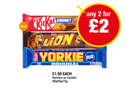 KitKat Chunky Salted Caramel Duo, Lion Dup, Yorkie Duo - Any 2 for £2 at Premier
