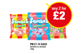Squashies Drumstick Original, Bubblegum, Sour Cherry & Apple - Any 2 for £2 at Premier