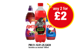 Vimto, Blackberry Raspberry & Blueberry, Levi Roots Jamaican Sunset - Any 2 for £2 at Premier
