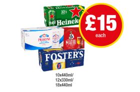 Heineken, Peroni, Madri, Fosters - Now Only £15 at Premier-stores
