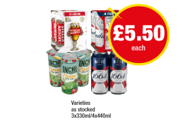 Stella Artois, Budweiser, Inch's Cloudy, Kronenbourg - Now Only £5.50 at Premier-stores