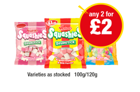 Swizzels Squashies Drumsticks Original, Strawberry & Cream, Tropical - Any 2 for £2 at Premier-stores