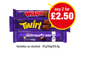 Wispa Duo, Twirl Xtra, Dairy Milk Duo - Any 2 for £2.50 at Premier-stores