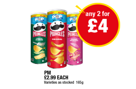 Pringles Cheese & Onion, Original, Prawn Cocktail - Any 2 for £4 at Premier