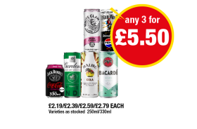 White Claw, Captain Morgan, Jack Daniels Cola, Gordon's, Malibu, Bacardi - Any 3 for £5.50 at Premier