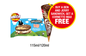 Ben & Jerry's Cookie Dough, Cornetto Max - Now Only Buy A Ben And Jerry Sandwich, Get A Cornetto Max FREE at Premier