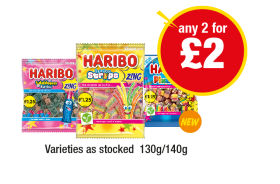 Haribo Bubblegum Bottles, Rainbow Stripes, Pixels - Any 2 for £2 at Premier
